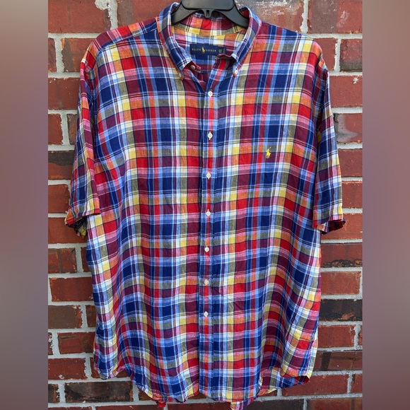 Polo Ralph Lauren Big & Tall 100% Linen Multicolor Short Sleeve Plaid 2XLT Shirt